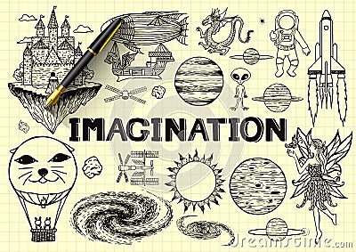 Hand drawn about imagination on yellow paper with 3d fountain pen Vector Illustration