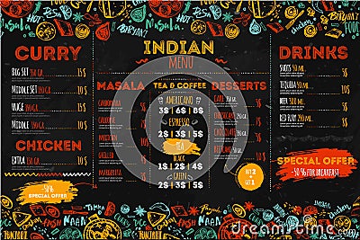 Hand drawn Indian food menu design with rough sketches and lettering. Can be used for banners, promo Vector Illustration