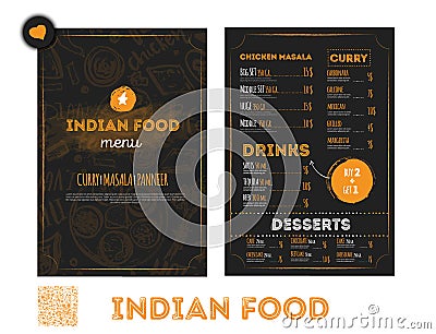 Hand drawn Indian food menu design with rough sketches and lettering. Can be used for banners, promo Vector Illustration