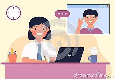 Hand drawn of Indonesian senior high school online class video conference flat design illustration Vector Illustration