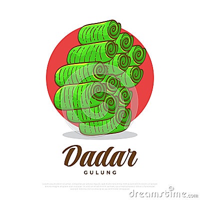 Hand Drawn Indonesian Traditional Food Named Dadar Gulung. Indonesian Snack, Sweet Pancake Rolls Filled with Grated Coconut Vector Illustration