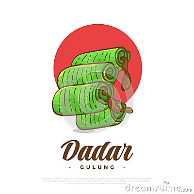 Hand Drawn Indonesian Traditional Food Named Dadar Gulung. Indonesian Snack, Sweet Pancake Rolls Filled with Grated Coconut Vector Illustration