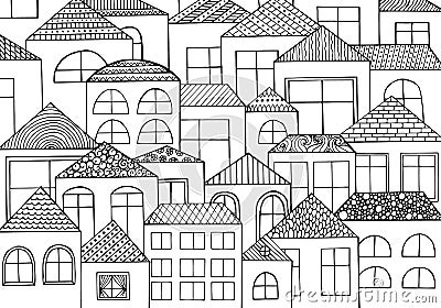 Hand drawn with ink background with a lot of houses, homes with many windows. Vector Illustration