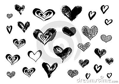 Hand drawn ink doodle hearts on the white background. Stock Photo