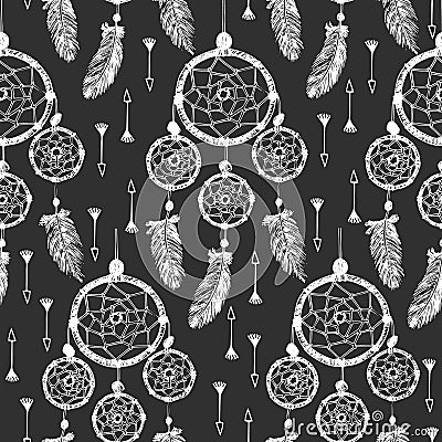 Hand-drawn with ink dreamcatcher with feathers, arrows. Seamless pattern. Vector Illustration