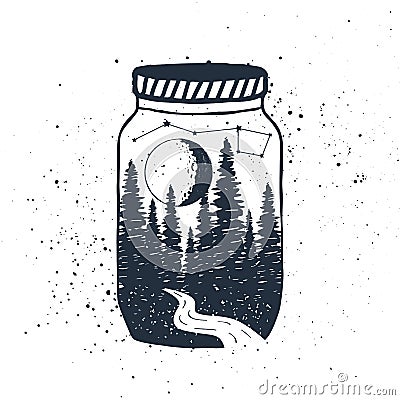 Hand drawn inspirational label with forest in a jar vector illustration Vector Illustration