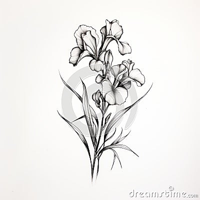 Hand Drawn Iris Flowers: Tattoo-inspired Minimalistic Composition Stock Photo