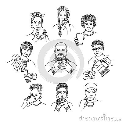 Handsketched people drinking coffee Vector Illustration