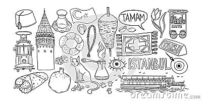 Istanbul doodle set, Turkish symbols outline collection, Hand-drawn sketch collection of traditional Istanbul icons including tram Vector Illustration
