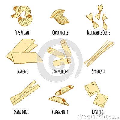 Hand drawn italian pasta set. Different types of traditional italian cuisine in sketch style. Vector Illustration