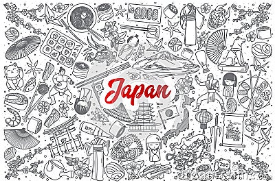 Hand drawn Japan doodle set with lettering Vector Illustration