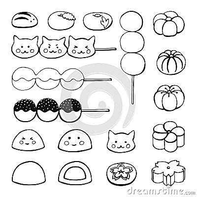 Hand drawn Japanese desserts, sweets: dango, mochi, wagashi. Vector illustration Vector Illustration