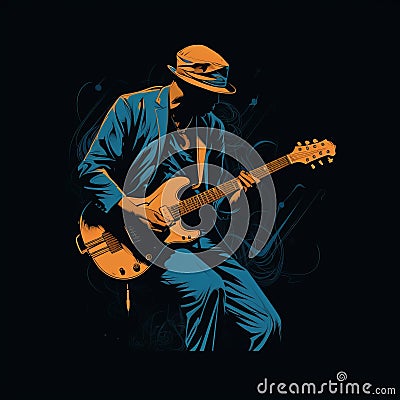 Hand-drawn Jazz Guitarist T-shirt Graphic On Black Background Cartoon Illustration