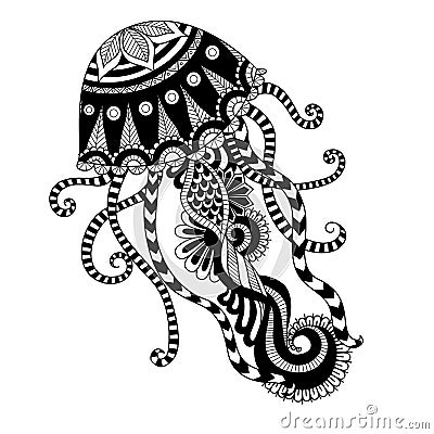 Hand drawn jellyfish zentangle style for coloring book, shirt design or tattoo Vector Illustration