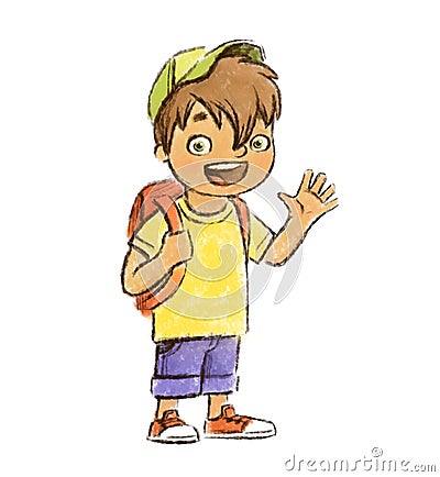 Hand drawn joyful good cartoon young boy waving hand isolated on the white background. Stock Photo