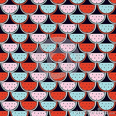 Hand drawn juicy ripe watermelon seamless pattern. Summer fresh fruit on black background. Red, pink and blue watermelon slices. Cartoon Illustration