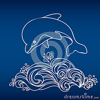 Hand drawn jumping dolphin and wave on deep blue background Stock Photo