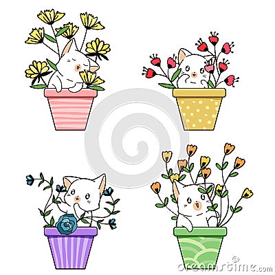 Hand drawn kawaii cat and flower inside vase Vector Illustration