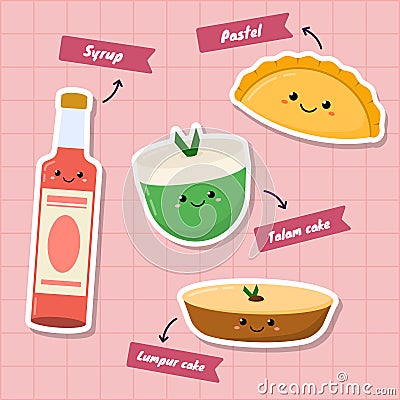 Hand drawn kawaii cute delicious traditional Indonesia food and beverages vector Vector Illustration