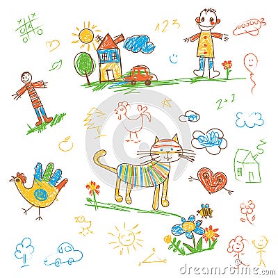 Hand-drawn kids doodle. Set. Funny character Vector Illustration