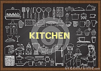 Hand drawn kitchen equipment on chalkboard. Doodles or elements for restaurant design. Vector Illustration