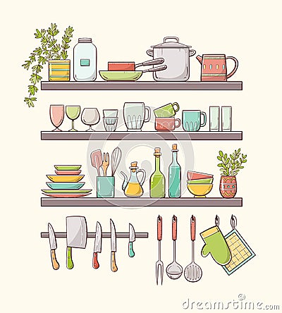 Hand drawn kitchen shelves with color Vector Illustration