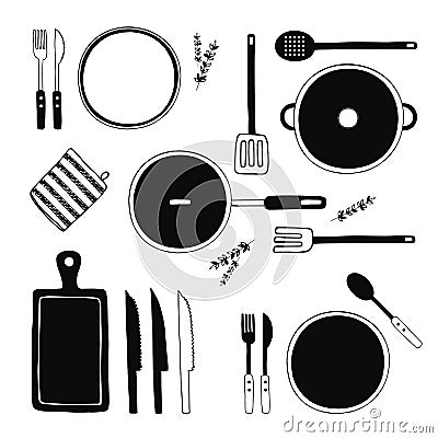 Hand drawn kitchen utensils set. Kitchen tools collection. Cooking equipment, kitchenware, tableware, dishes Vector Illustration
