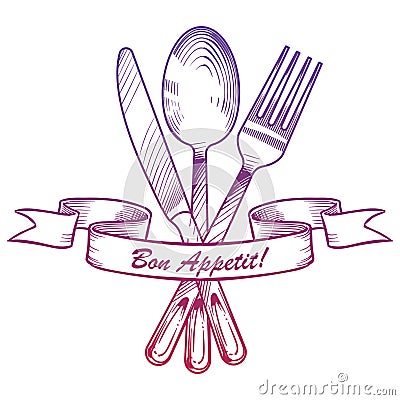 Hand drawn knife, fork, spoon and vintage ribbon Vector Illustration
