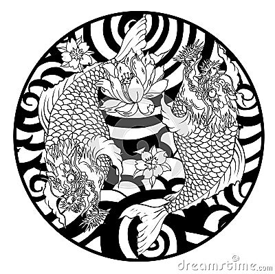 Hand drawn koi fish in circle, Japanese carp line drawing coloring book vector image Vector Illustration