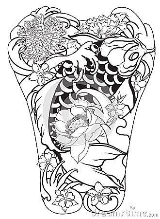 Japanese Koi fish with peony flower and wave tattoo,Japanese tattoo for Back body Vector Illustration