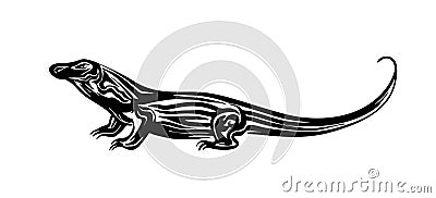 Hand drawn Komodo dragon. Vector black ink drawing largest lizard isolated on white background. Graphic animal illustration Vector Illustration