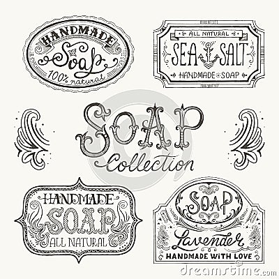 Hand drawn labels and patterns for handmade soap bars. Vector Illustration