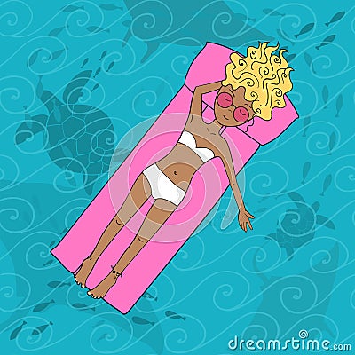 Hand drawn lady lying on mattress in sea Vector Illustration