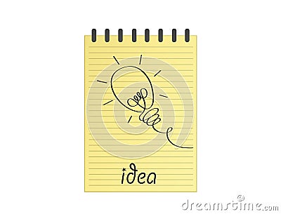 Hand-drawn lamp on yellow notepad with pencil. Vector on white b Stock Photo