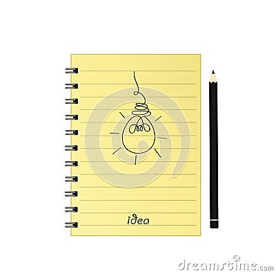 Hand-drawn lamp on yellow notepad with pencil. Vector on wooden Stock Photo