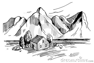 Landscape with house and mountains. Sketch illustration Vector Illustration