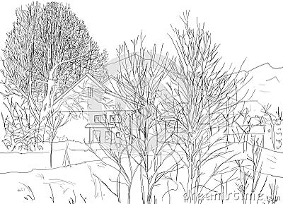 Hand drawn landscape, linear art style. Drawn trees and house on white background Cartoon Illustration