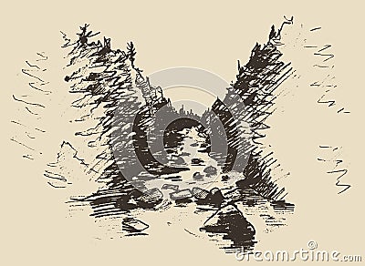 Hand drawn Landscape with River and Fir Forest Vector Illustration