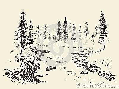 Hand drawn landscape river forest vintage vector. Vector Illustration