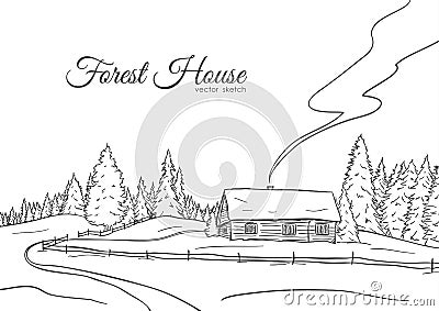 Hand drawn landscape with road to house and pine forest. Sketch line design Vector Illustration