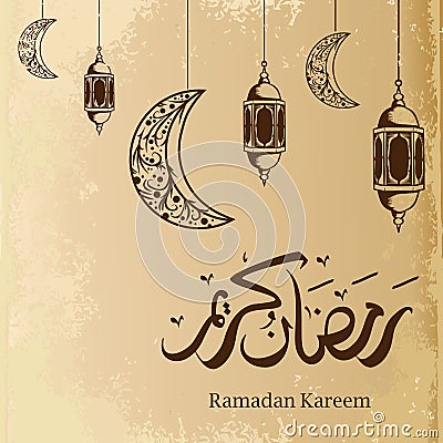 Hand drawn lantern and moon with arabic calligraphy for Ramadan kareem greeting design Vector Illustration