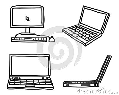 Hand drawn laptop and desktop computer art vector icon set Vector Illustration