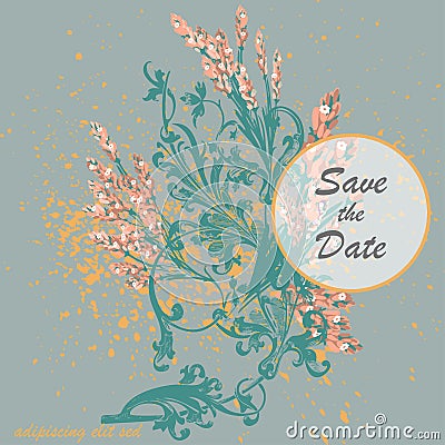 Hand drawn lavender flowers on gray, abstract floral pattern cover design. Blossom greenery branches, trendy artistic background. Vector Illustration