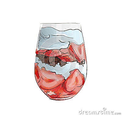 Hand drawn layered dessert with strawberries, biscuit cake and cream cheese. Vector Illustration