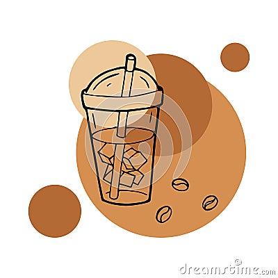 Hand drawn layout of logo with iced coffee takeaway cup. In doodle style, black outline on round caramel color background. Cute Cartoon Illustration