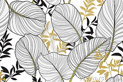 Hand drawn leaves line arts, Silhouette print black ink drawing background, Abstract leaf seamless pattern, Tropical leaves design Stock Photo