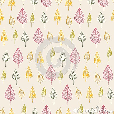Hand drawn leaves. Vector seamless pattern. Doodle stylized image. Autumn leaf fall background. Vector Illustration