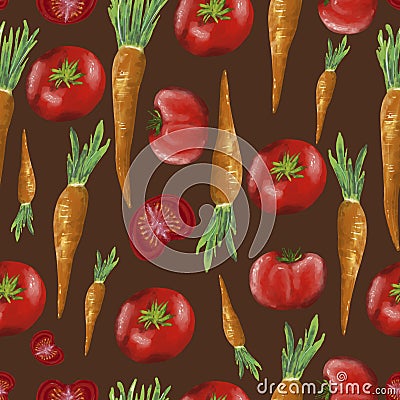 Hand drawn legumes, carrots and tomatoes pattern on a dark brown background, seamless pattern, summer Stock Photo