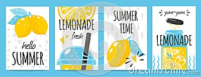 Hand drawn lemon posters. Quote typography and summer lemonade drink vintage cards, Vector fresh lemons doodle Vector Illustration