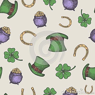 Hand Drawn Leprechaun Hat, Horseshoe and Treasure Pot Vector Seamless Background Pattern with Green Lucky Shamrock Vector Illustration